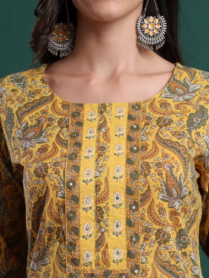 Mustard Cotton Ethnic Motifs Beads And Stones Kurta Pants Dupatta Set-Yufta Store-6343SKDMSM