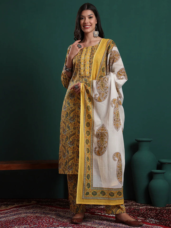 Mustard Cotton Ethnic Motifs Beads And Stones Kurta Pants Dupatta Set-Yufta Store-6343SKDMSM