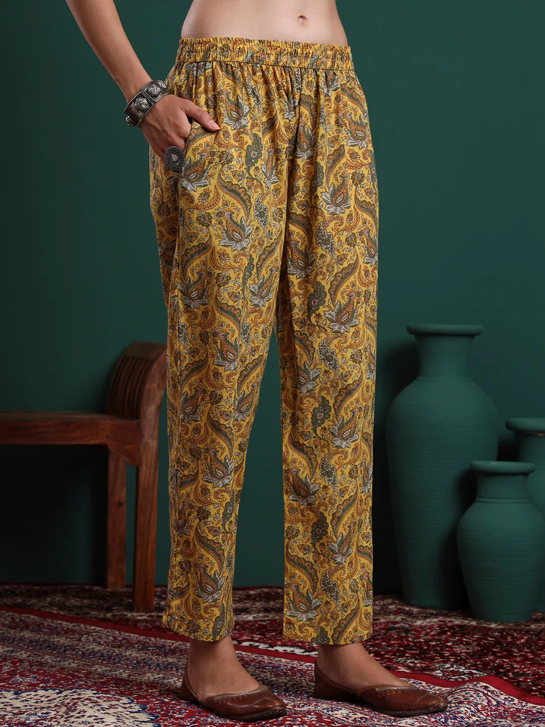 Mustard Cotton Ethnic Motifs Beads And Stones Kurta Pants Dupatta Set-Yufta Store-6343SKDMSM