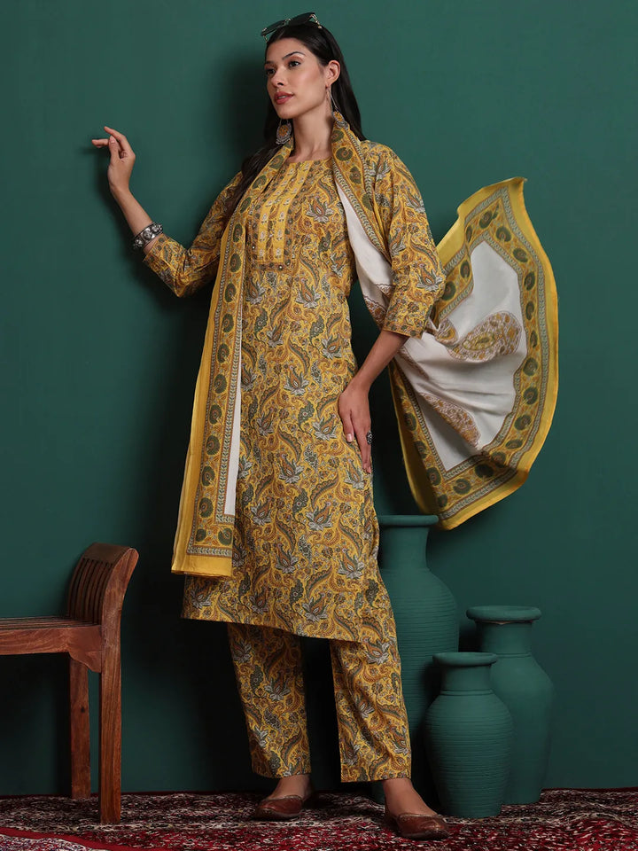Mustard Cotton Ethnic Motifs Beads And Stones Kurta Pants Dupatta Set-Yufta Store-6343SKDMSM