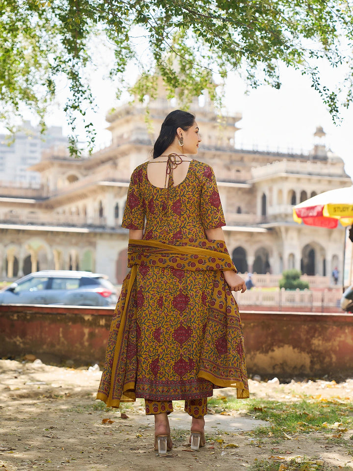 Mustard Cotton Kalidaar Style Kurta Pant Dupatta Set-Yufta Store-7682SKDMSM