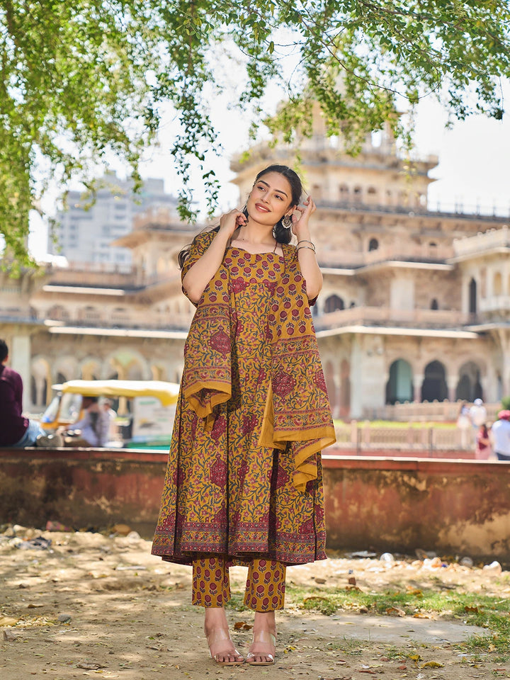 Mustard Cotton Kalidaar Style Kurta Pant Dupatta Set-Yufta Store-7682SKDMSM