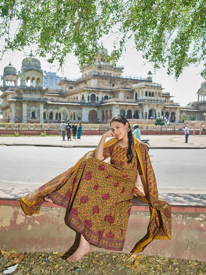 Mustard Cotton Kalidaar Style Kurta Pant Dupatta Set-Yufta Store-7682SKDMSM