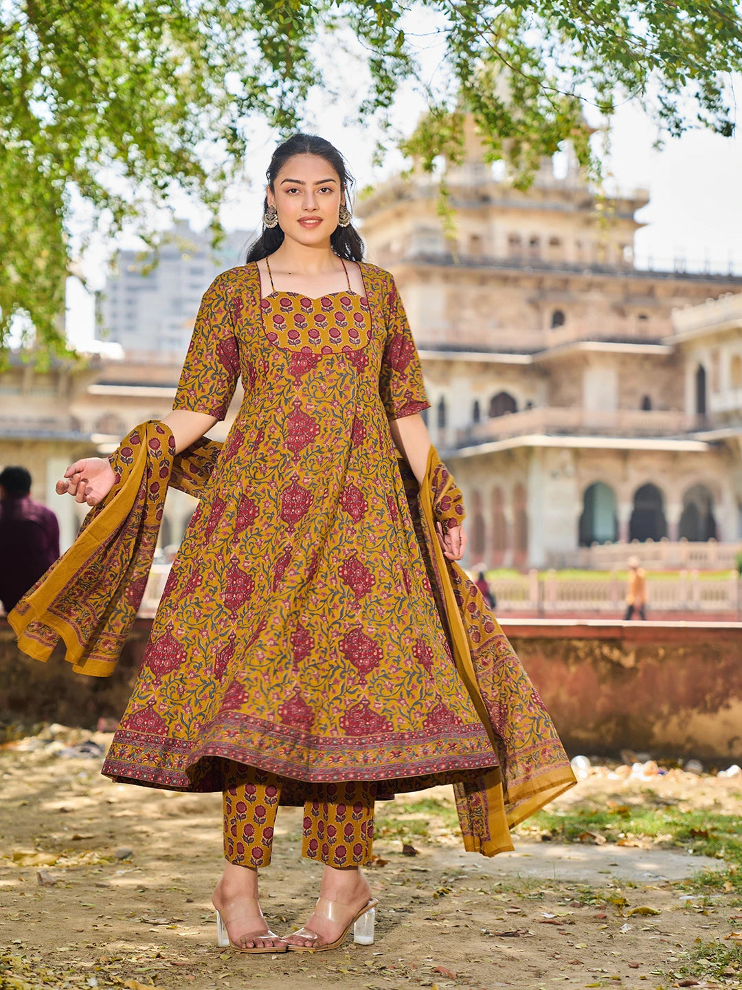 Mustard Cotton Kalidaar Style Kurta Pant Dupatta Set-Yufta Store-7682SKDMSM