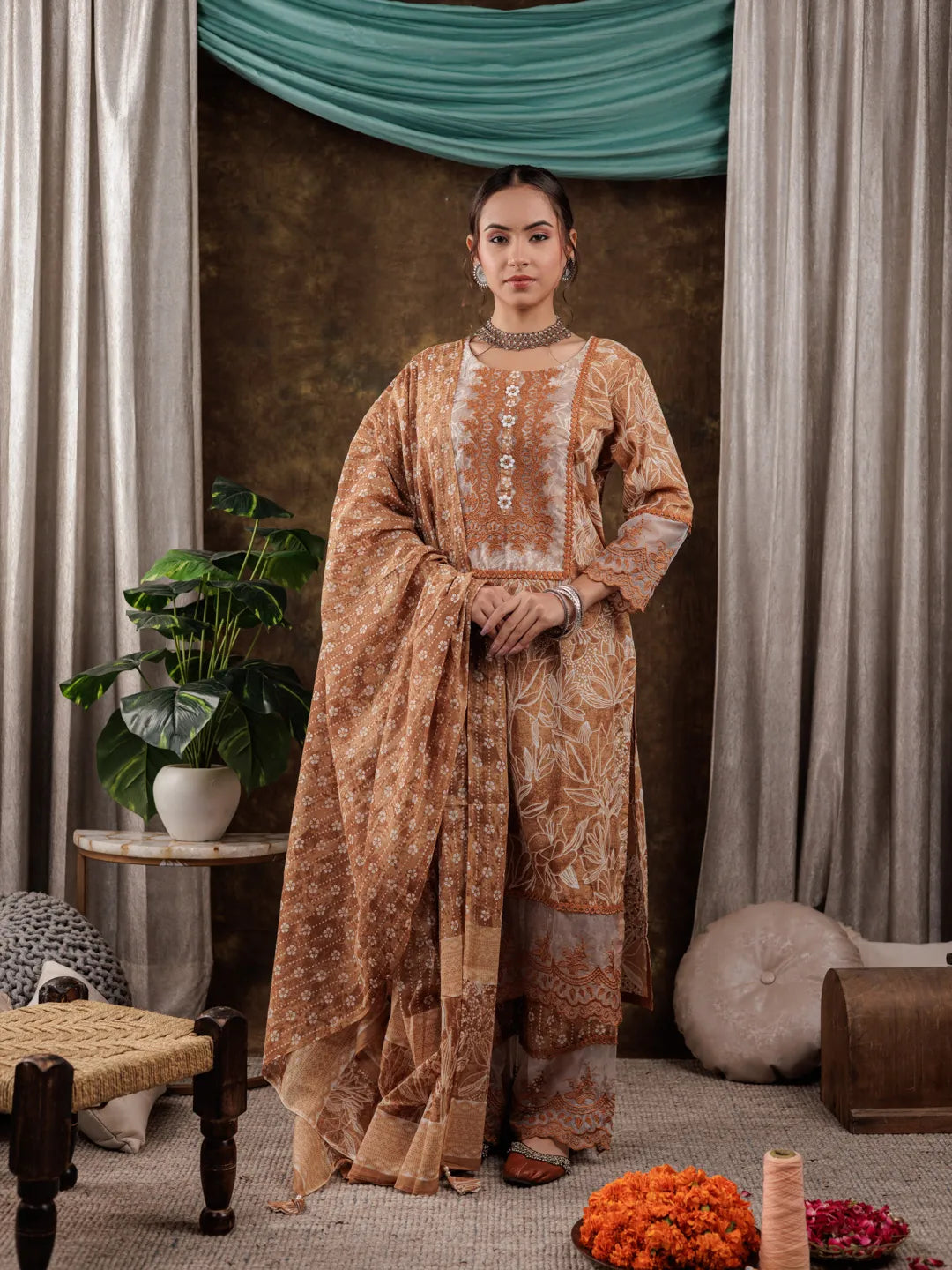 Mustard Cotton Kurta Dupatta Set With Lace Detailing-Yufta Store-7184SKDMSS