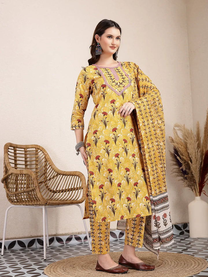 Mustard Cotton Lace Work On Yoke Straight Kurta Dupatta Pant Set-Yufta Store-6429SKDMSM