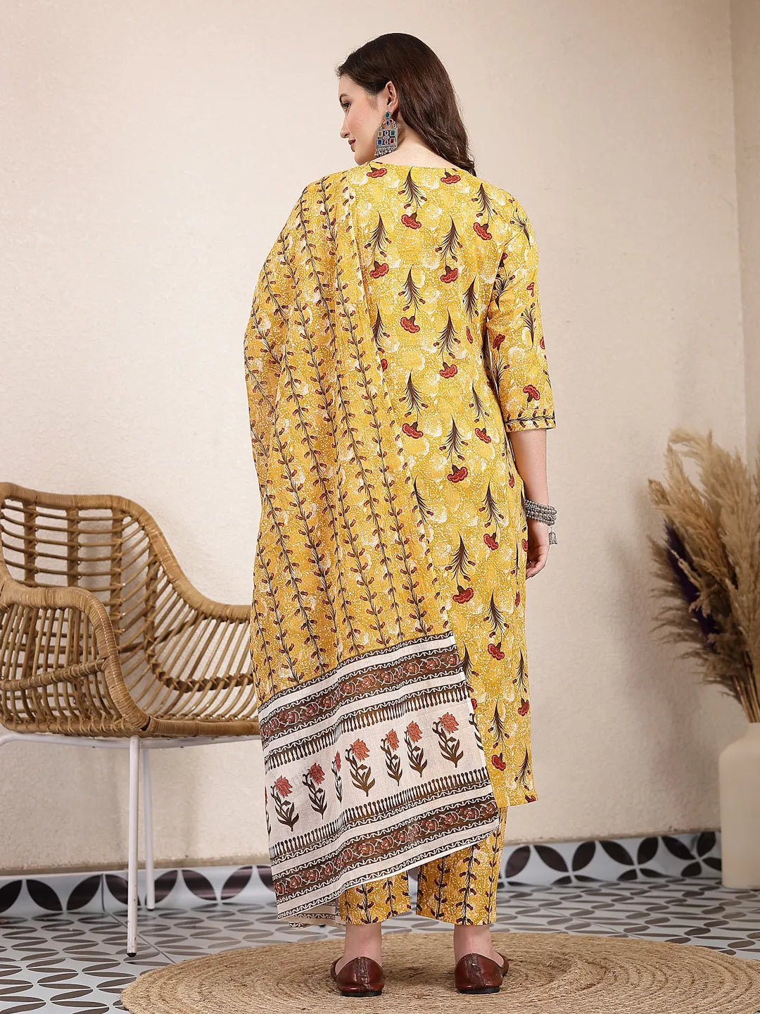 Mustard Cotton Lace Work On Yoke Straight Kurta Dupatta Pant Set-Yufta Store-6429SKDMSM