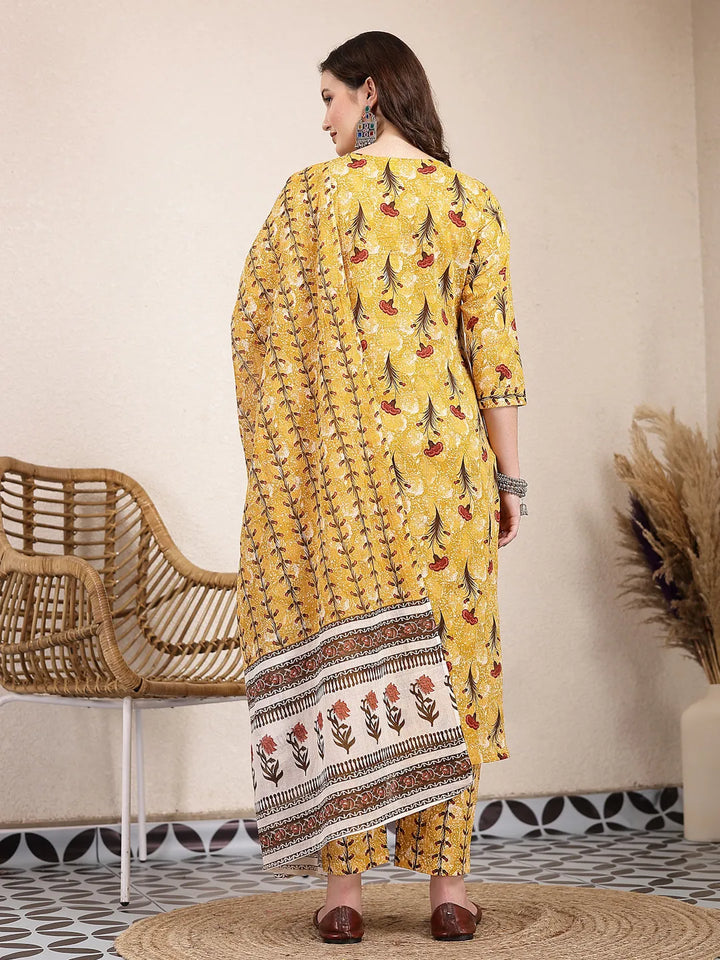 Mustard Cotton Lace Work On Yoke Straight Kurta Dupatta Pant Set-Yufta Store-6429SKDMSM