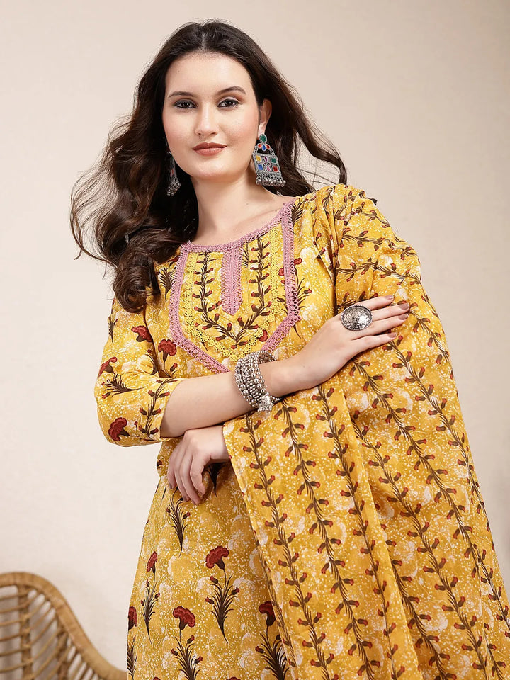 Mustard Cotton Lace Work On Yoke Straight Kurta Dupatta Pant Set-Yufta Store-6429SKDMSM