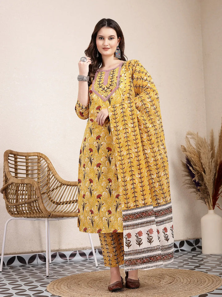 Mustard Cotton Lace Work On Yoke Straight Kurta Dupatta Pant Set-Yufta Store-6429SKDMSM