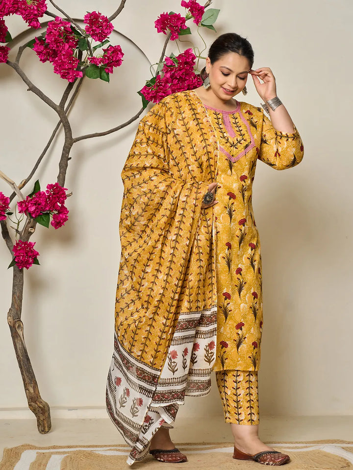 Mustard Cotton Lace Work On Yoke Straight Plus Size Kurta Dupatta Pant Set
