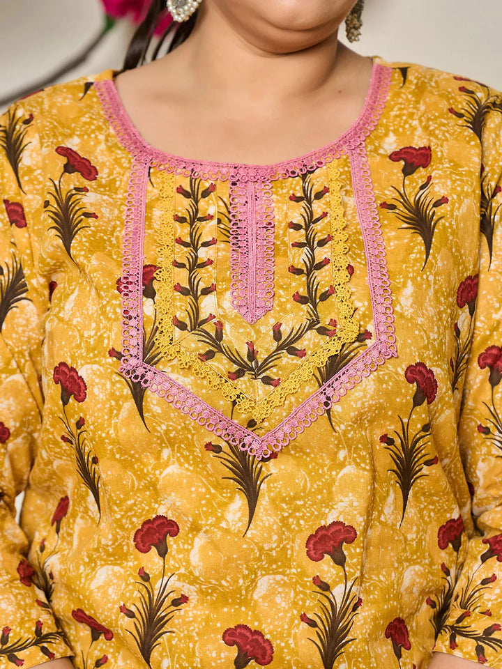 Mustard Cotton Lace Work On Yoke Straight Plus Size Kurta Dupatta Pant Set