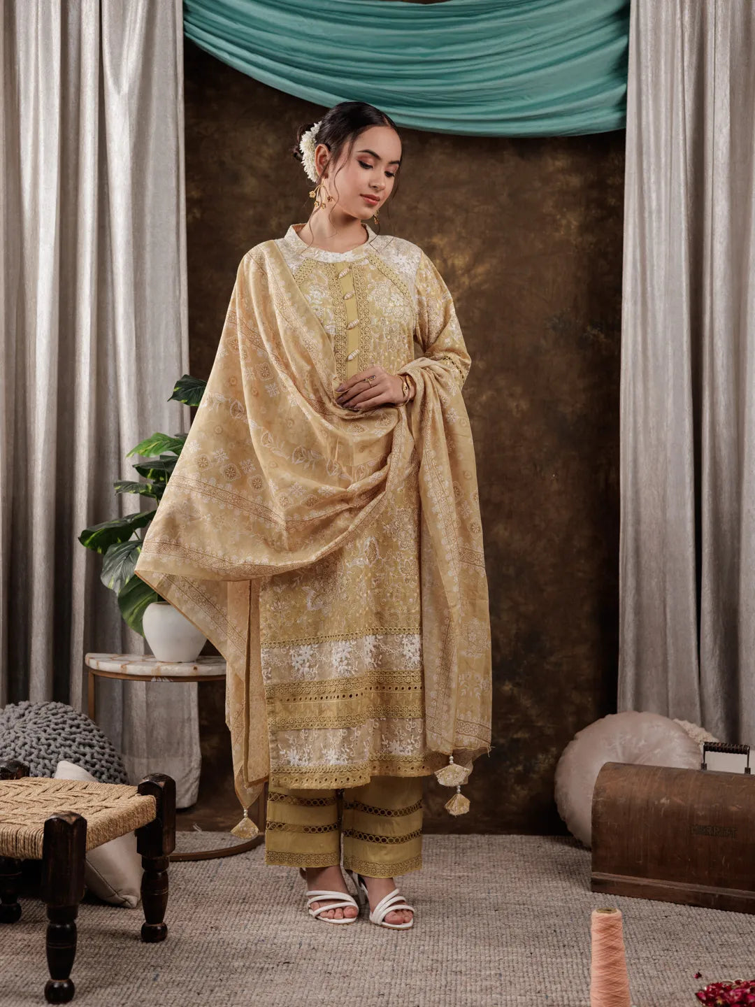 Mustard Cotton Schiffli Kurta Dupatta Set With Lace Detailing-Yufta Store-7186SKDMSS