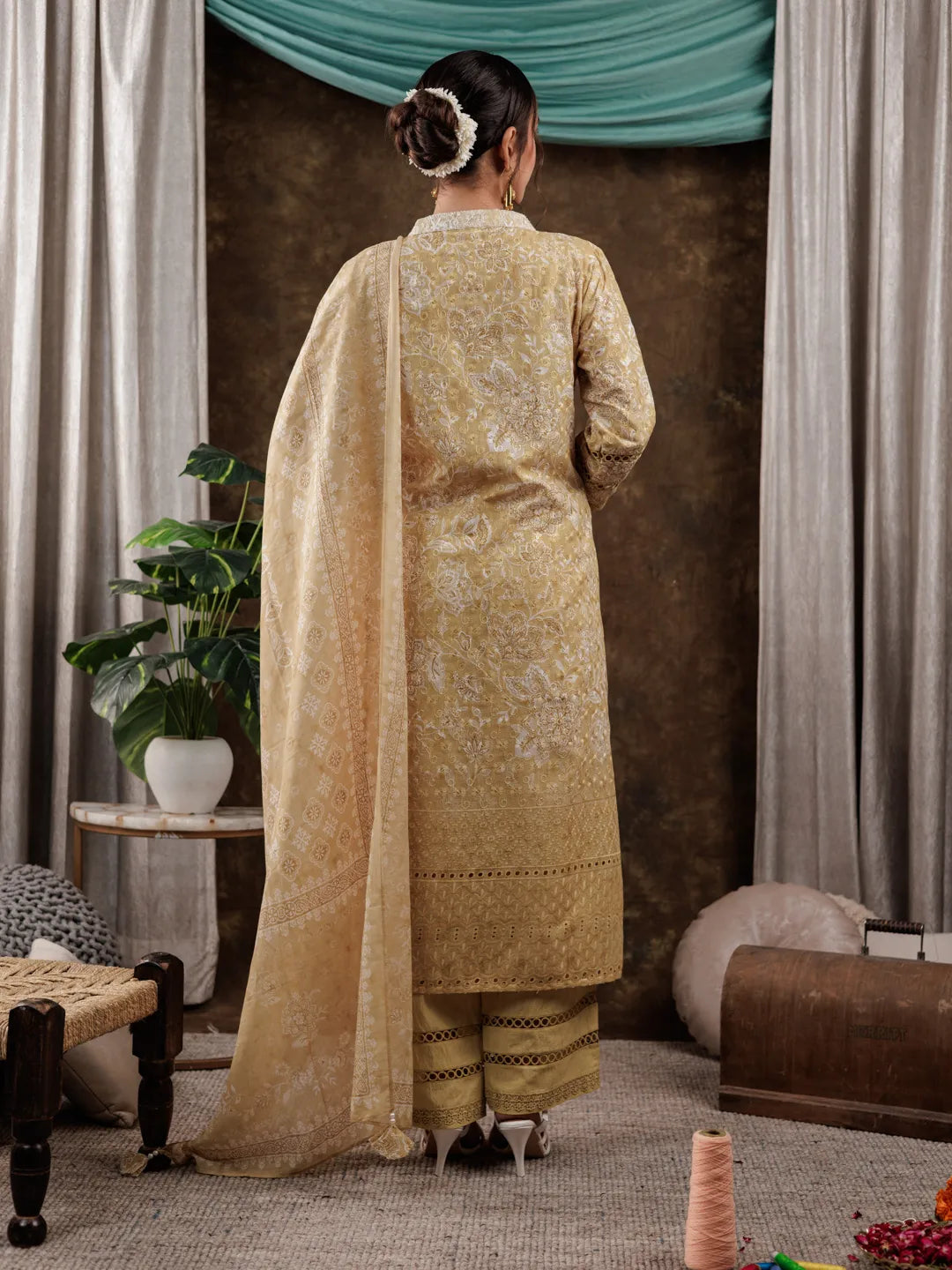 Mustard Cotton Schiffli Kurta Dupatta Set With Lace Detailing-Yufta Store-7186SKDMSS