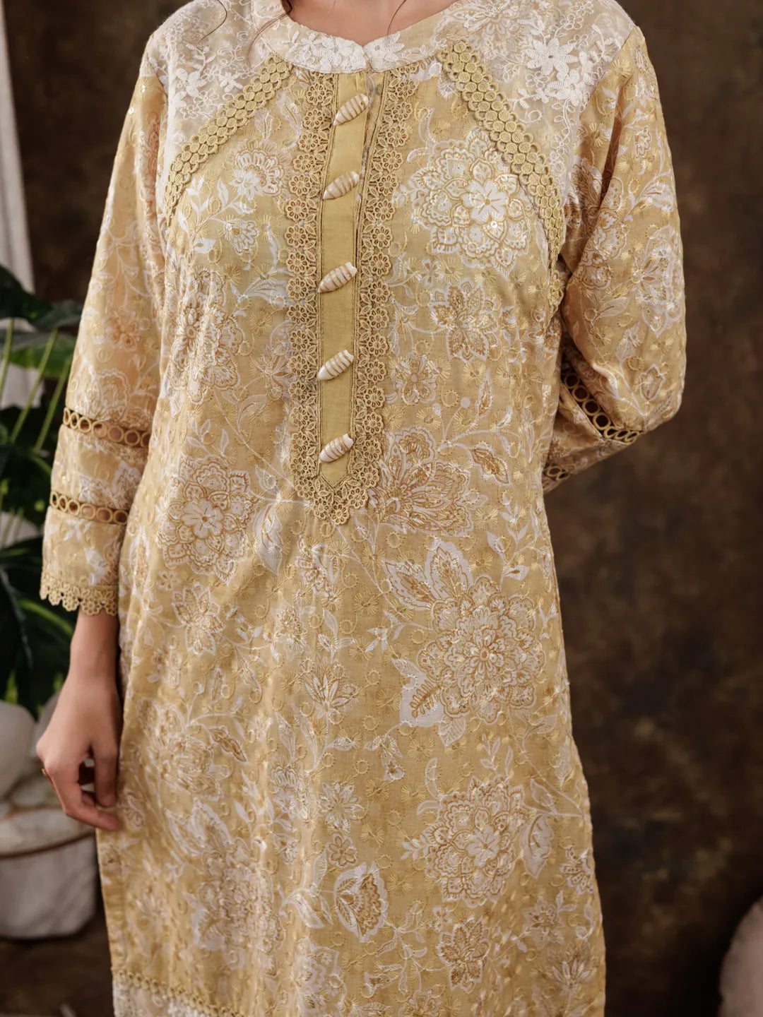 Mustard Cotton Schiffli Kurta Dupatta Set With Lace Detailing-Yufta Store-7186SKDMSS