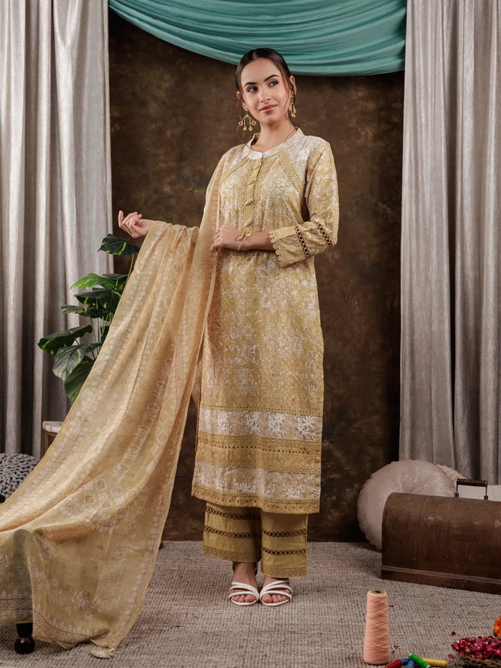 Mustard Cotton Schiffli Kurta Dupatta Set With Lace Detailing-Yufta Store-7186SKDMSS