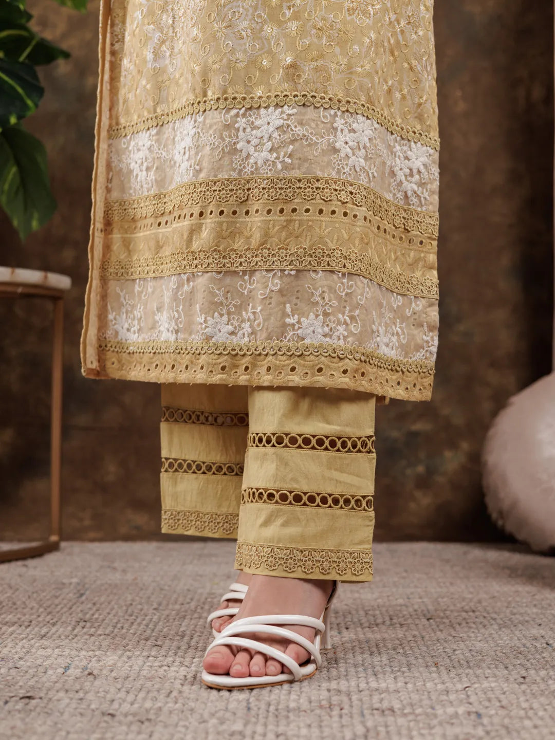 Mustard Cotton Schiffli Kurta Dupatta Set With Lace Detailing-Yufta Store-7186SKDMSS