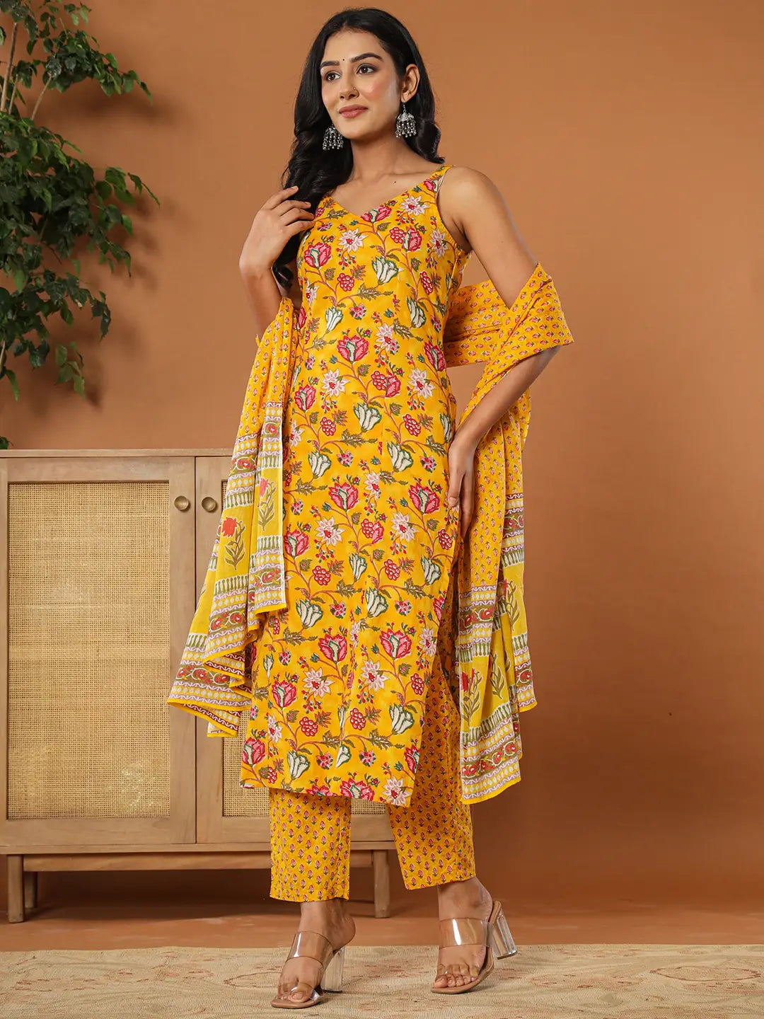 Mustard Cotton Sleeveless Kurta Dupatta Set - Main Image