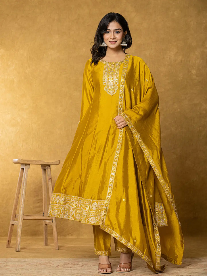 Mustard Embroidered Anarkali Kurta Dupatta Set-Yufta Store-7179SKDMSS