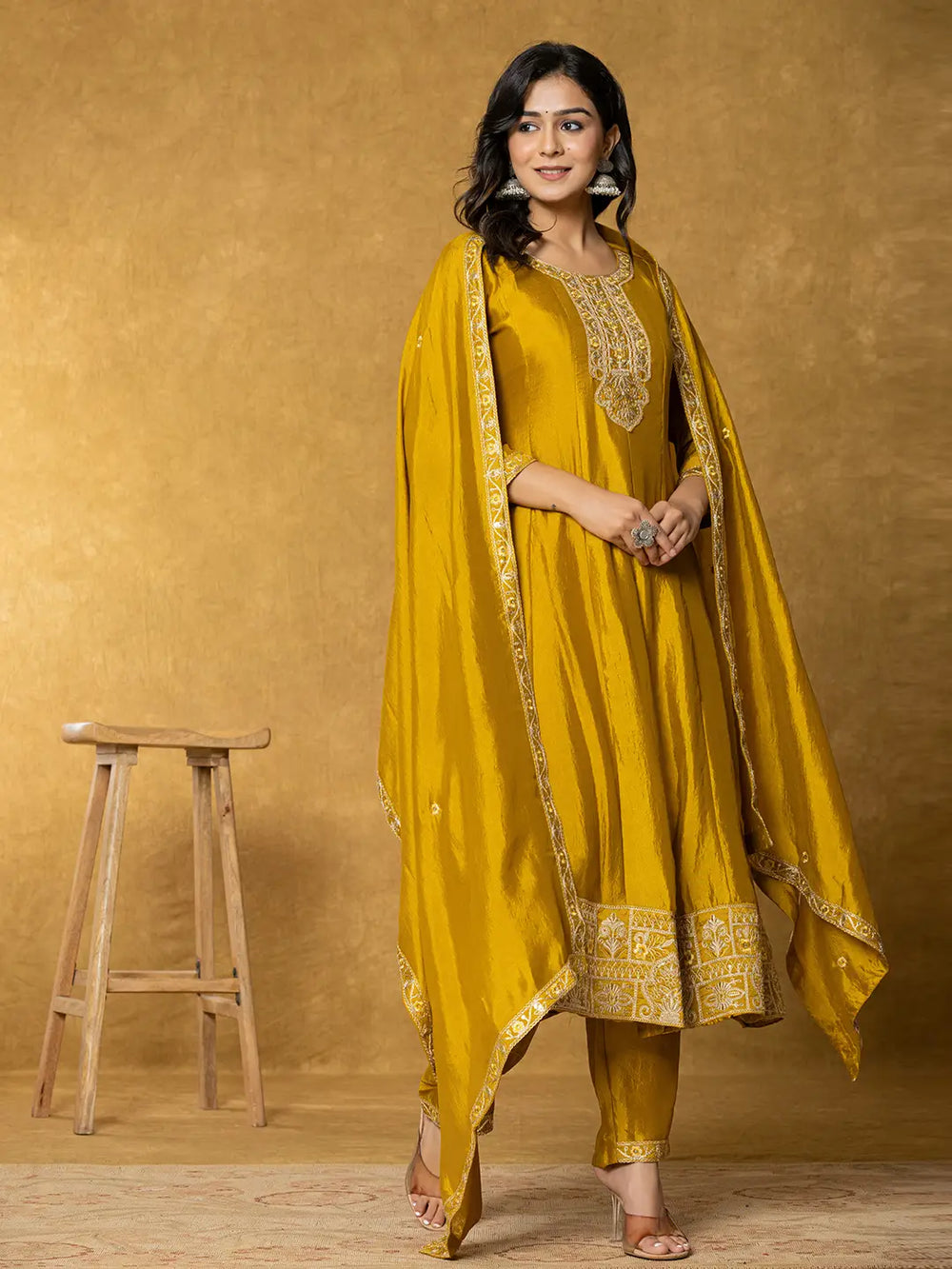 Mustard Embroidered Anarkali Kurta Dupatta Set-Yufta Store-7179SKDMSS