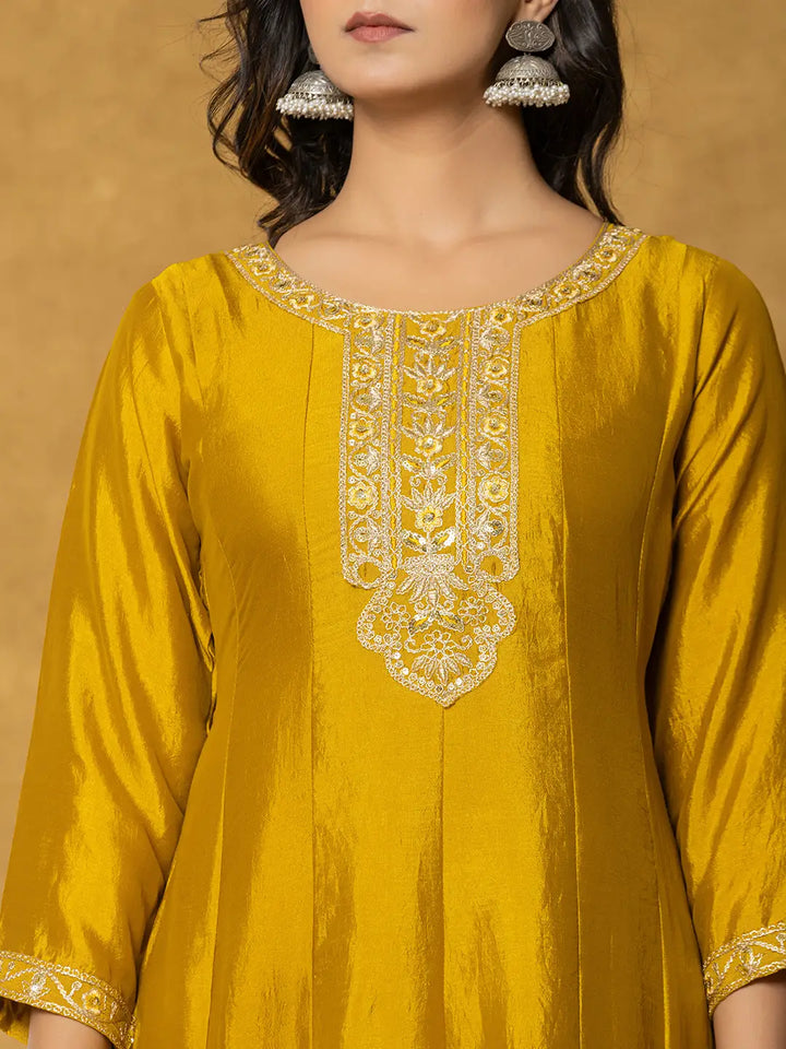 Mustard Embroidered Anarkali Kurta Dupatta Set-Yufta Store-7179SKDMSS