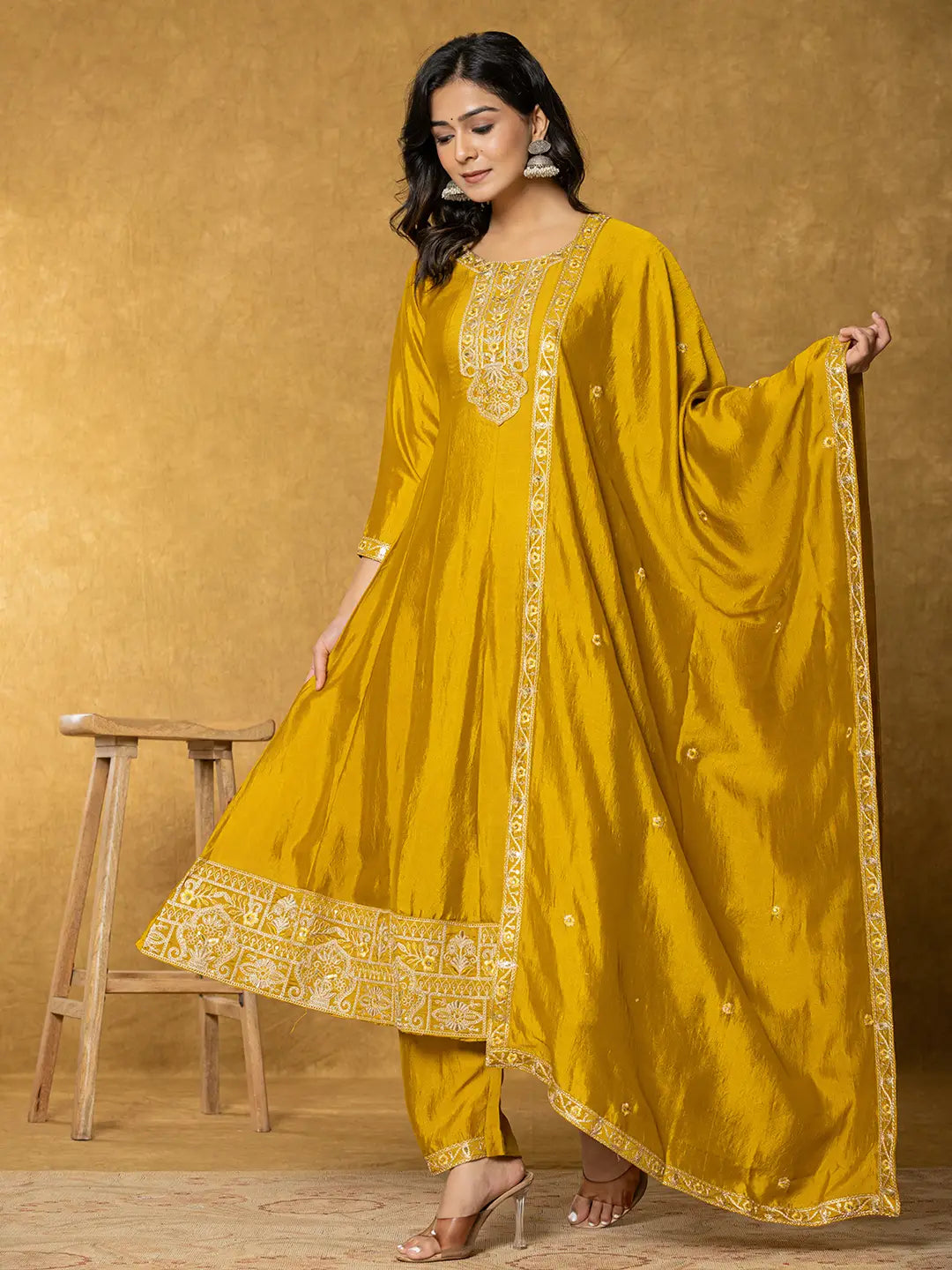 Mustard Embroidered Anarkali Kurta Dupatta Set-Yufta Store-7179SKDMSS