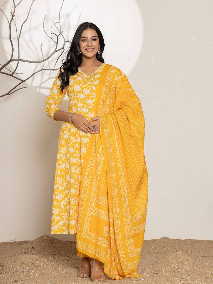 Mustard Embroidery Cotton Anarkali Suit Set-Yufta Store-6997SKDMSS