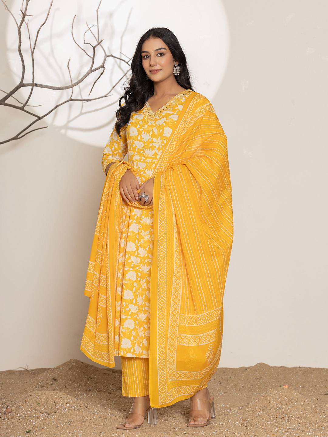 Mustard Embroidery Cotton Anarkali Suit Set-Yufta Store-6997SKDMSS