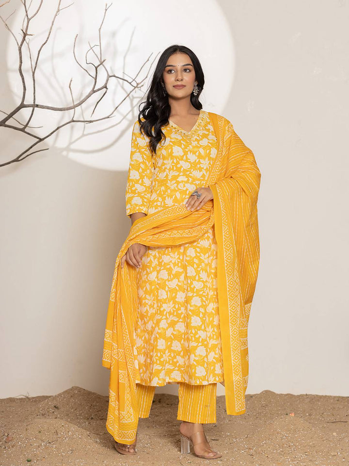 Mustard Embroidery Cotton Anarkali Suit Set-Yufta Store-6997SKDMSS