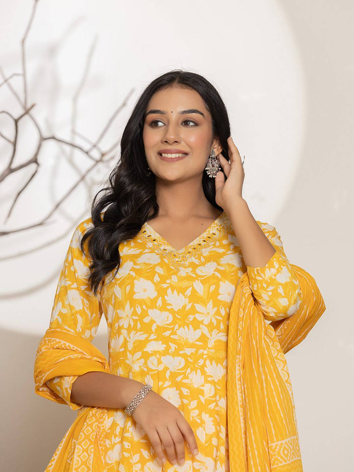 Mustard Embroidery Cotton Anarkali Suit Set-Yufta Store-6997SKDMSS