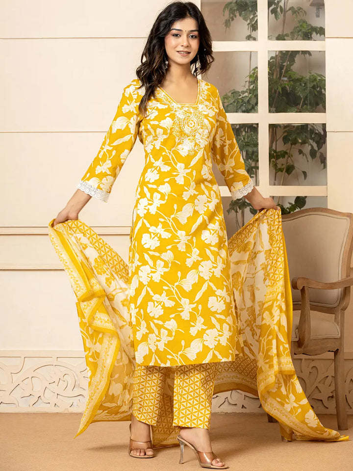 Mustard Embroidery Cotton Straight Kurta Dupatta Set-Yufta Store-7009SKDMSS