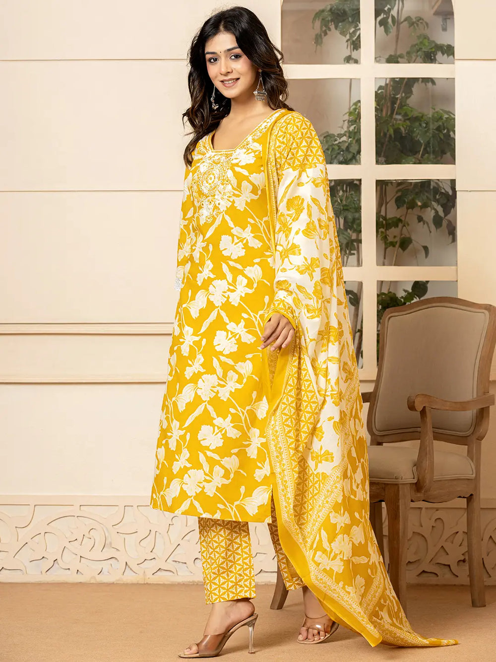 Mustard Embroidery Cotton Straight Kurta Dupatta Set-Yufta Store-7009SKDMSS