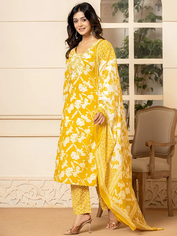 Mustard Embroidery Cotton Straight Kurta Dupatta Set-Yufta Store-7009SKDMSS