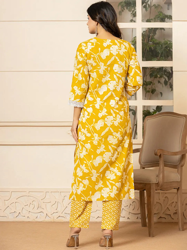 Mustard Embroidery Cotton Straight Kurta Dupatta Set-Yufta Store-7009SKDMSS