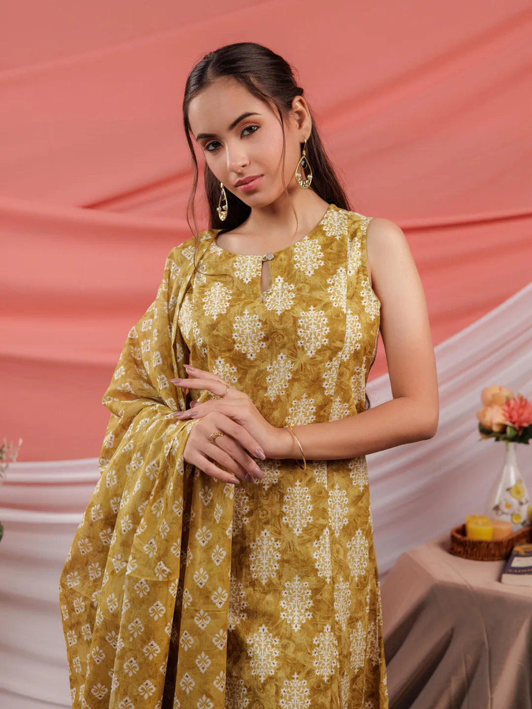 Mustard Ethnic Motifs Cotton A-Line Kurta Trouser & Dupatta Set-Yufta Store-7039SKDMSS