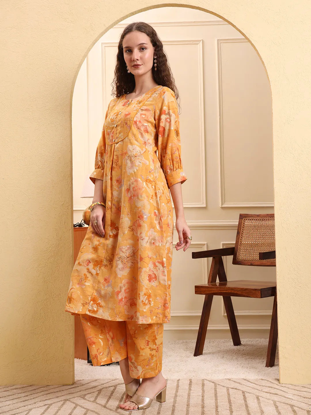 Mustard Floral Print A-Line Kurta Trouser Set
