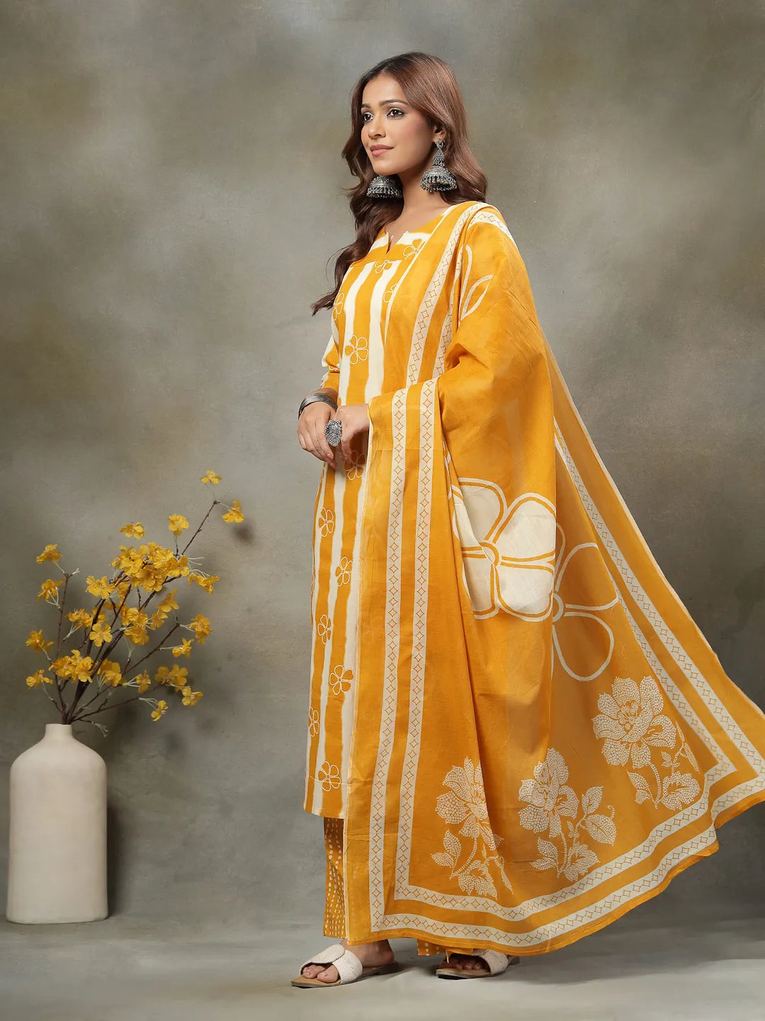 Mustard Floral Print Cotton Straight Kurta Palazoo Dupatta Set