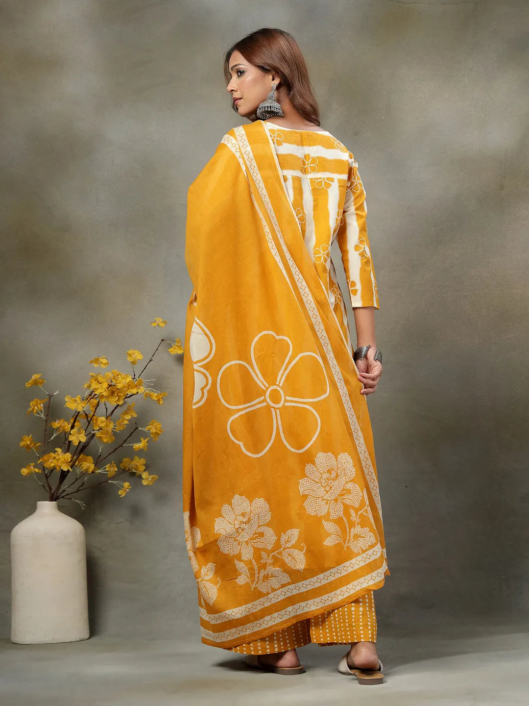 Mustard Floral Print Cotton Straight Kurta Palazoo Dupatta Set