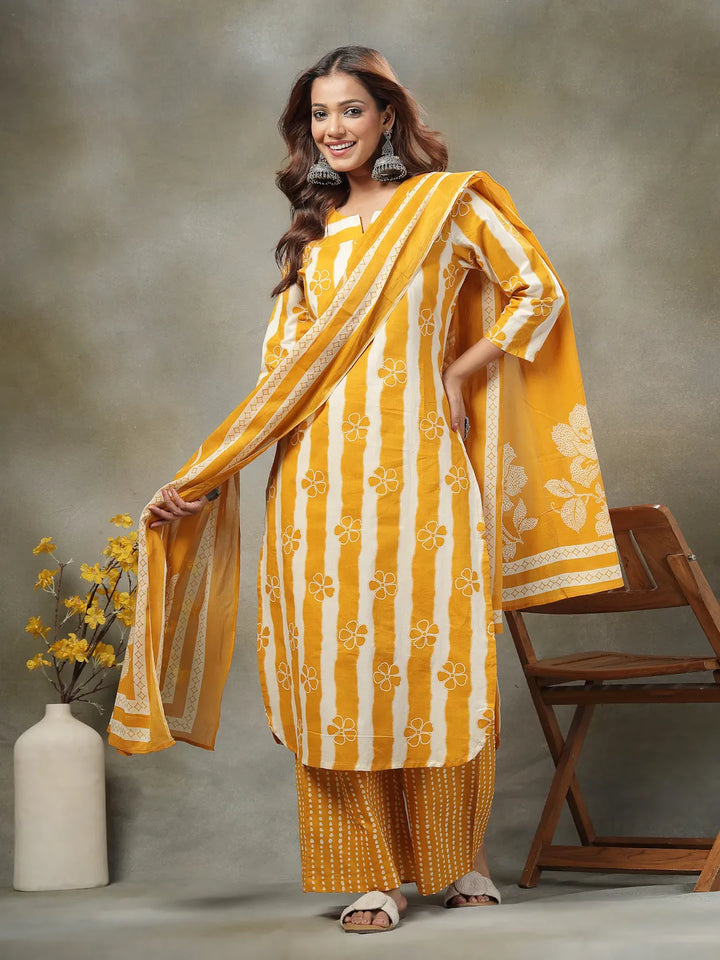 Mustard Floral Print Cotton Straight Kurta Palazoo Dupatta Set