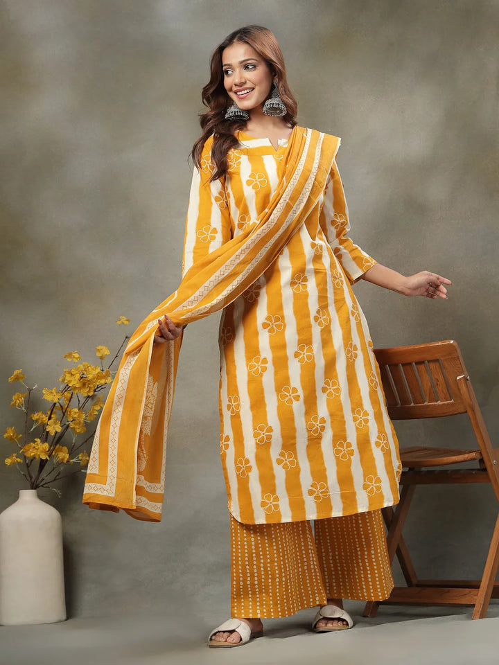 Mustard Floral Print Cotton Straight Kurta Palazoo Dupatta Set