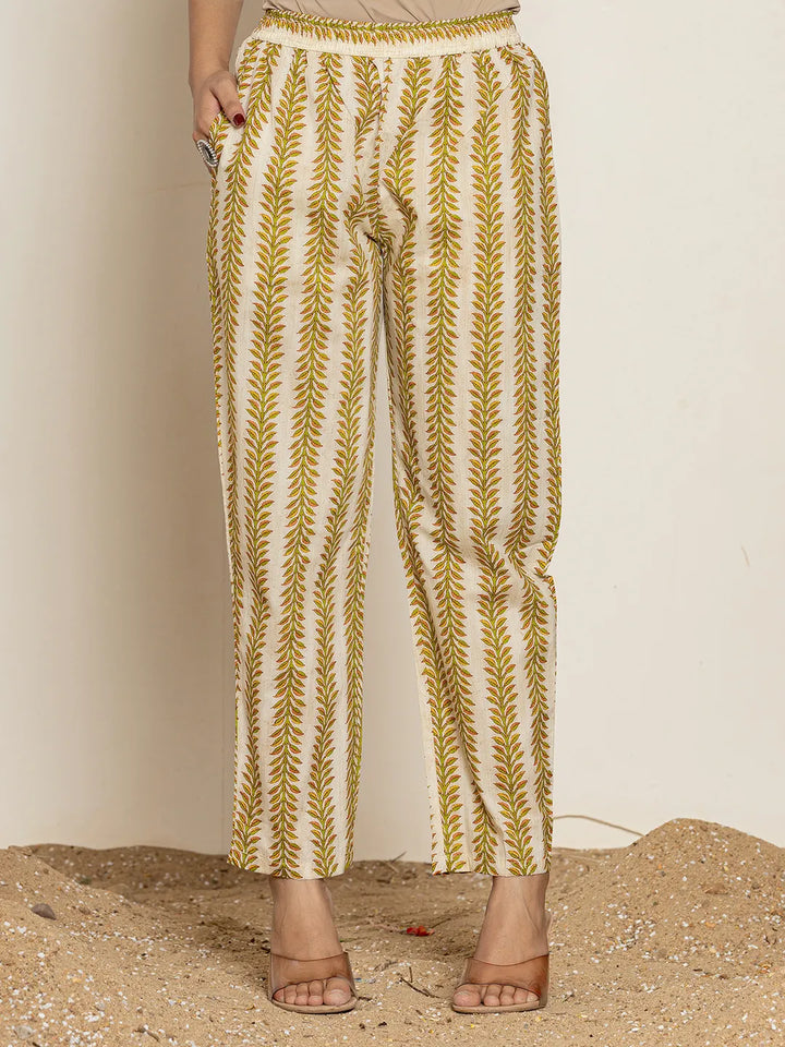 Mustard Floral Print Cotton Straight Samosa-Lace Kurta And Trouser With Dupatta Set