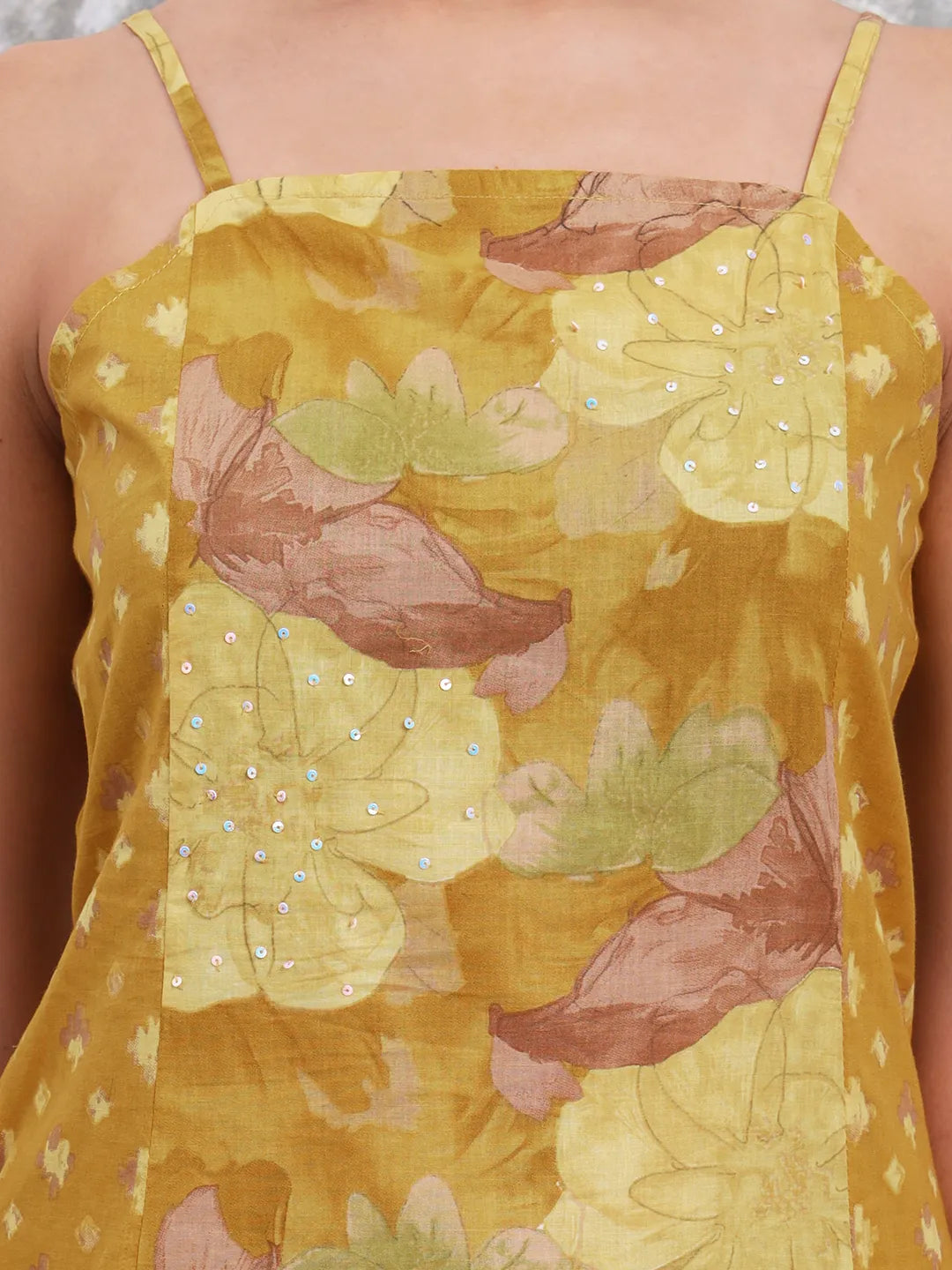 Mustard Floral Print Sequins Work Cotton Kurta Trouser With Dupatta Set