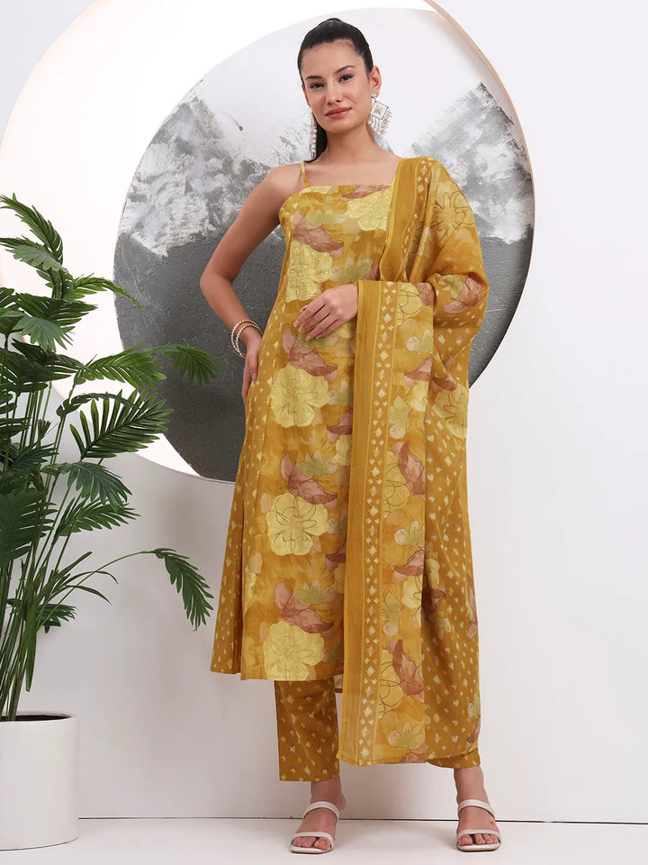 Mustard Floral Print Sequins Work Cotton Kurta Trouser With Dupatta Set