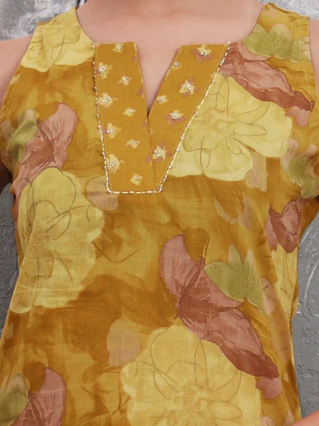 Mustard Floral Print Sequins Work Cotton Straight Kurta Trouser With Dupatta Set