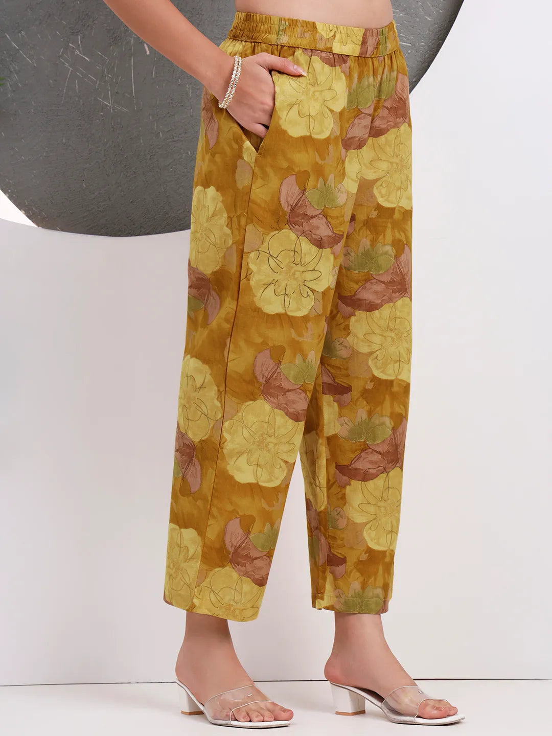 Mustard Floral Print Sequins Work Cotton Straight Kurta Trouser With Dupatta Set