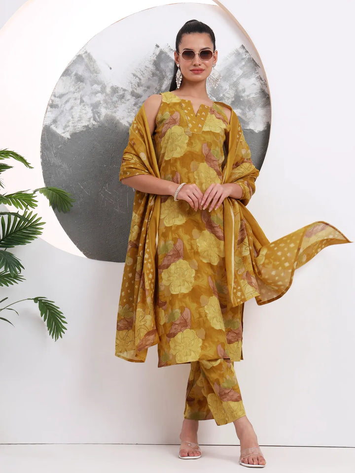 Mustard Floral Print Sequins Work Cotton Straight Kurta Trouser With Dupatta Set