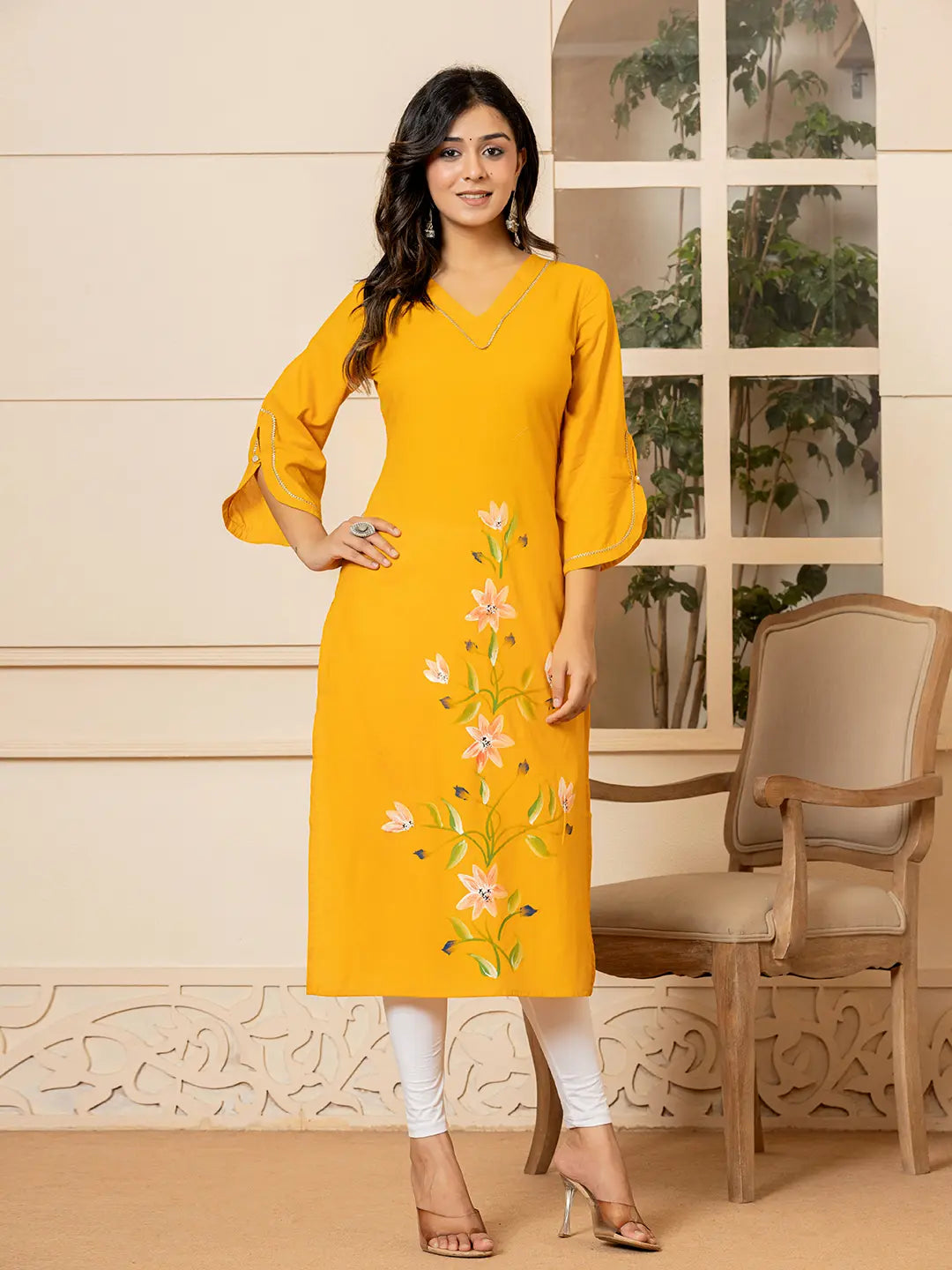 Mustard Hand Painted Straight Kurta-Yufta Store-6978KURMSS