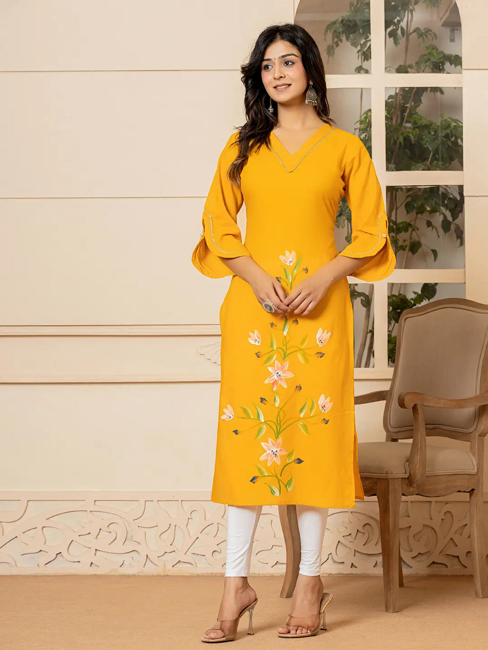 Mustard Hand Painted Straight Kurta-Yufta Store-6978KURMSS