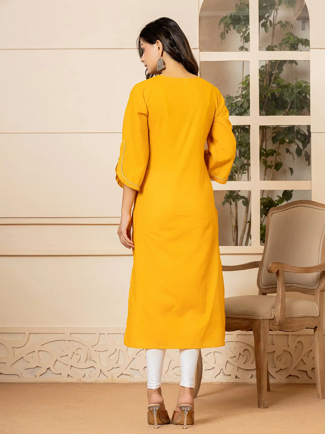 Mustard Hand Painted Straight Kurta-Yufta Store-6978KURMSS