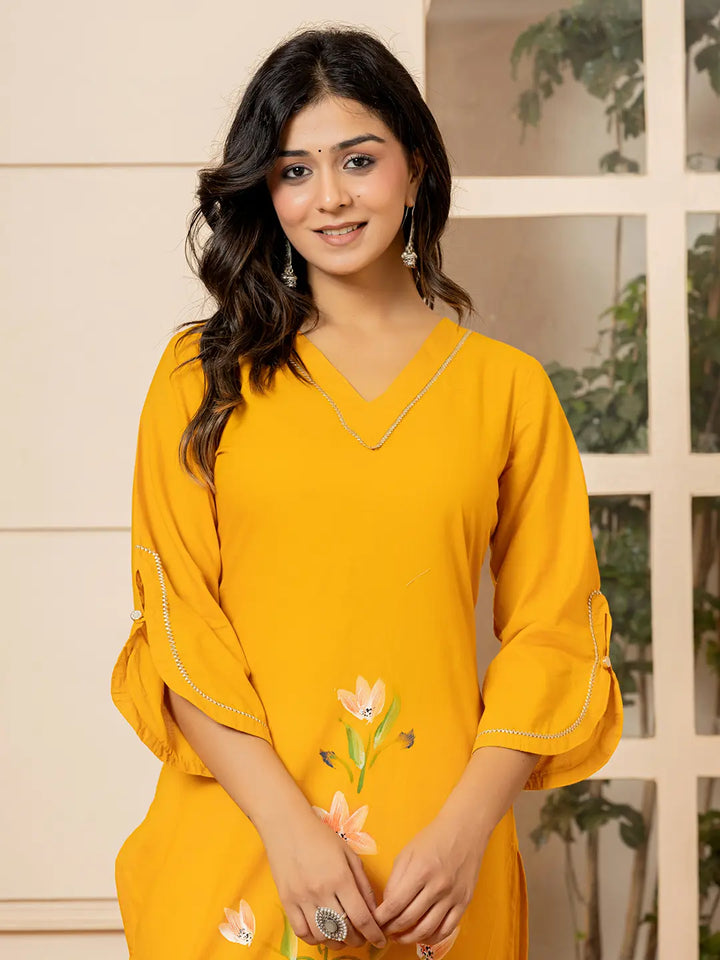 Mustard Hand Painted Straight Kurta-Yufta Store-6978KURMSS